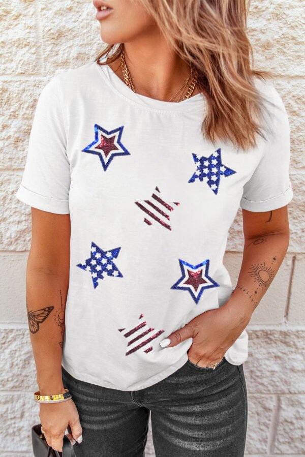 White USA Sequin Stars Patched Casual T Shirt