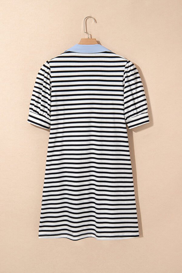 Black Stripe Contrast V Neck Collared Puff Sleeve T Shirt Mini Dress with Pockets