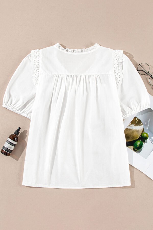 White Embroidered Lace Patchwork Tie Neck Puff Short Sleeve Blouse