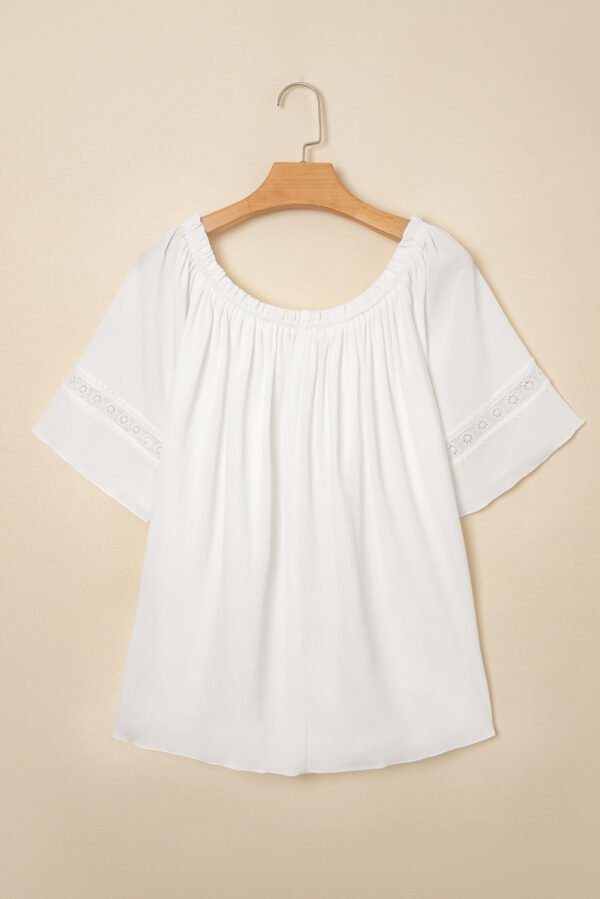 White Frilly Off Shoulder Lace Insert Sleeve Textured Blouse