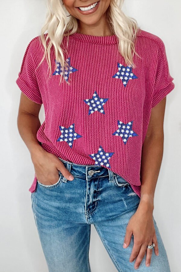 Rose Red Sequin Star Graphic Corded Side Split Patriotic T Shirt