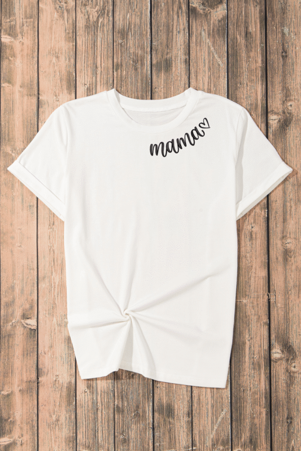 White mama Heart Embroidered Crew Neck T Shirt