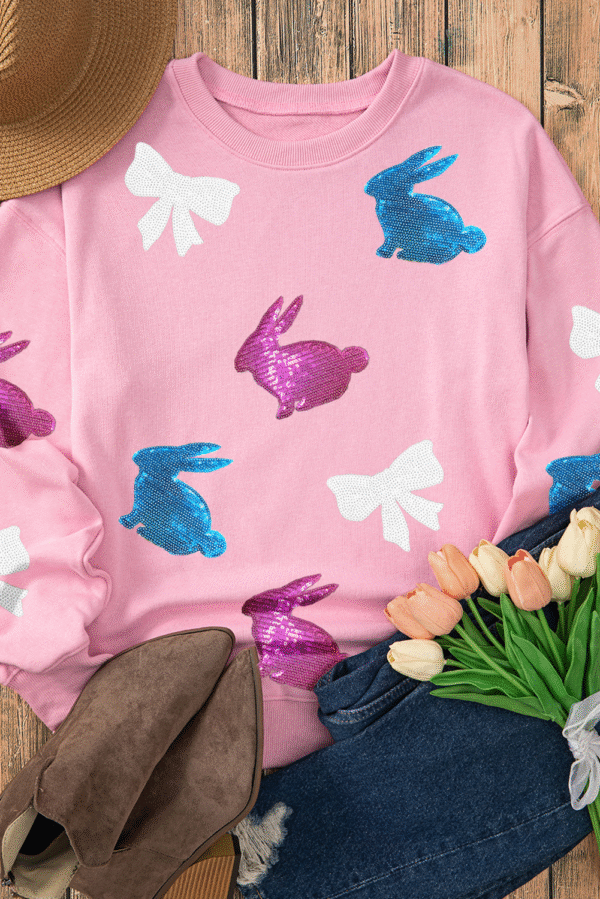 Pink Easter Bunny Bow Knot Sequined Crewneck Graphic Sweatshirt