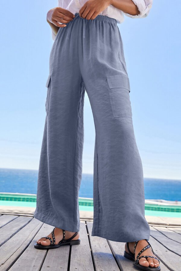 Dark Grey Drawstring Frilled Waist Wide Leg Utility Trousers