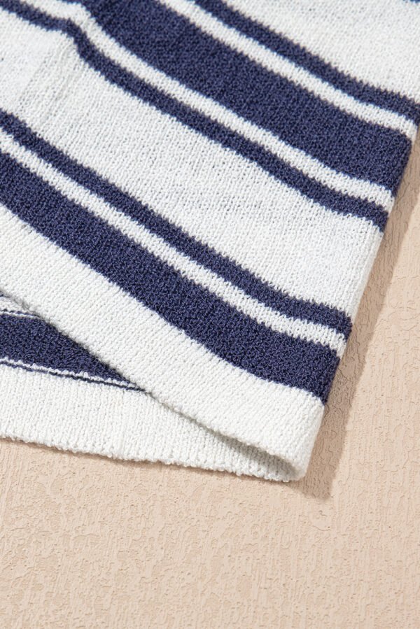Dark Blue Stripe Collared Button V Neck Knitted T Shirt