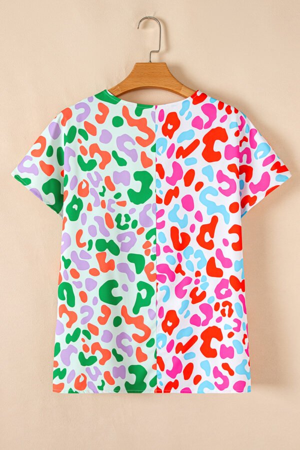 Green Contrast Leopard Print V Neck Short Sleeve Blouse