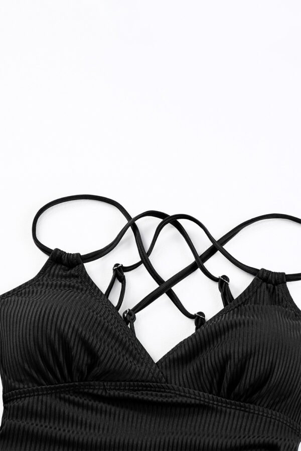 Black Ribbed Dual Crisscross Straps Cut-Out Back Tankini Suit