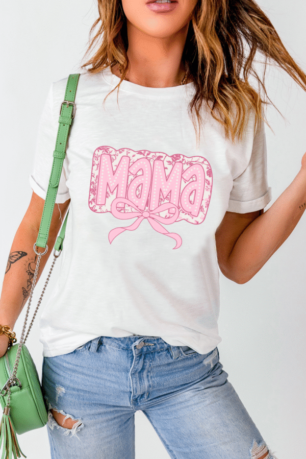 White MaMa Bowknot Graphic Crewneck Mothers Day T Shirt