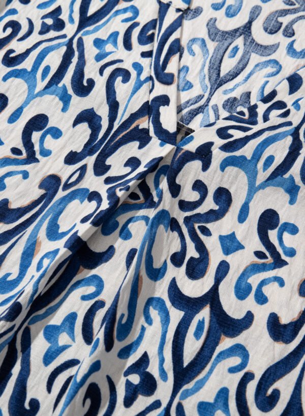 Sky Blue Boho Abstract Print Pintuck Detail Ruffled Top