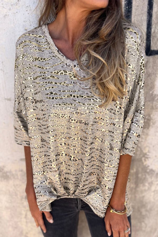 Gray Leopard Print Half Sleeve V Neck Loose Fit T Shirt