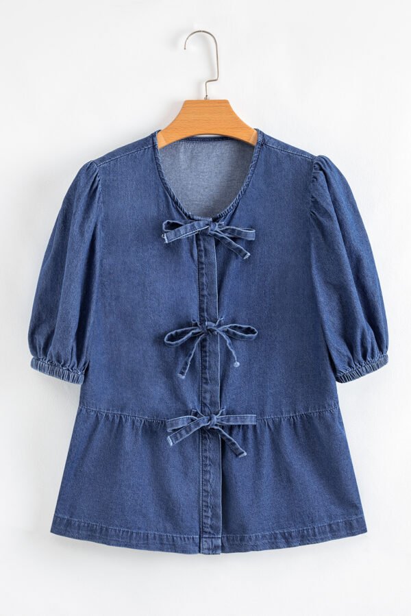 Sail Blue Tied Front Bubble Sleeve Peplum Denim Shirt