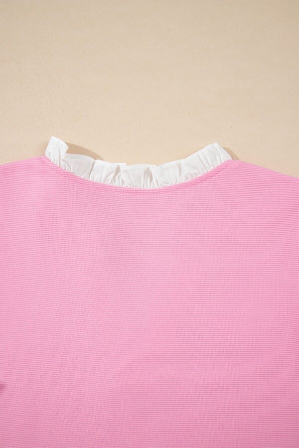 Pink Contrast V Neck Ruffled Textured Knit Top