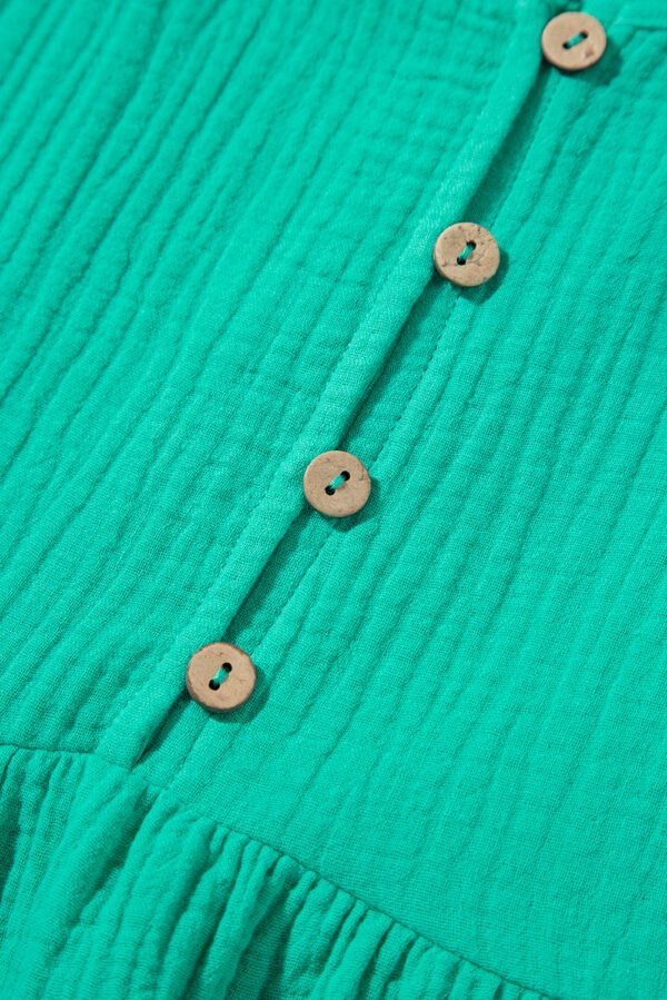 Sea Green Textured Buttoned Thin Strap Tiered Loose Fit Mini Dress