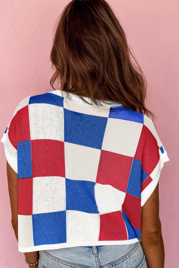 White USA Flag Inspire Colorblock Plaid Sequin Heart Graphic Short Sleeve Sweater