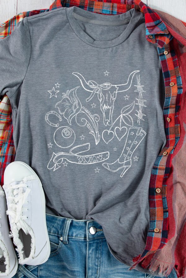 Gray Cowgirl Boots OX Head Western Fashion Print Crewneck Tee