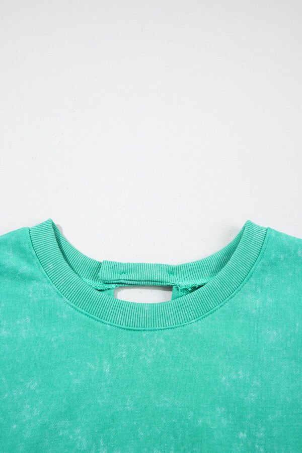 Sea Green Mineral Wash Drawstring Waist Hollow Out Back Short Sleeve Romper