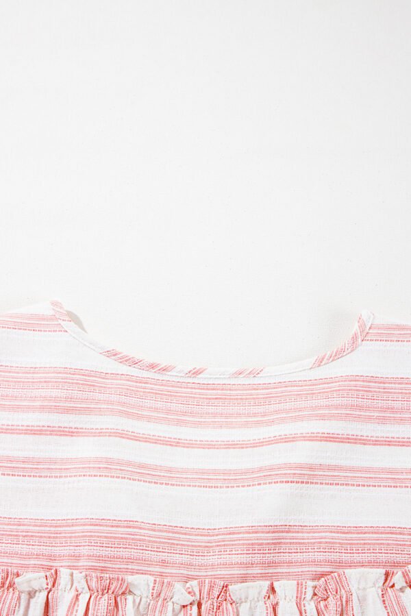 Pink Stripe Plus Size Tassel Tie Frilled Detail Short Sleeve Blouse