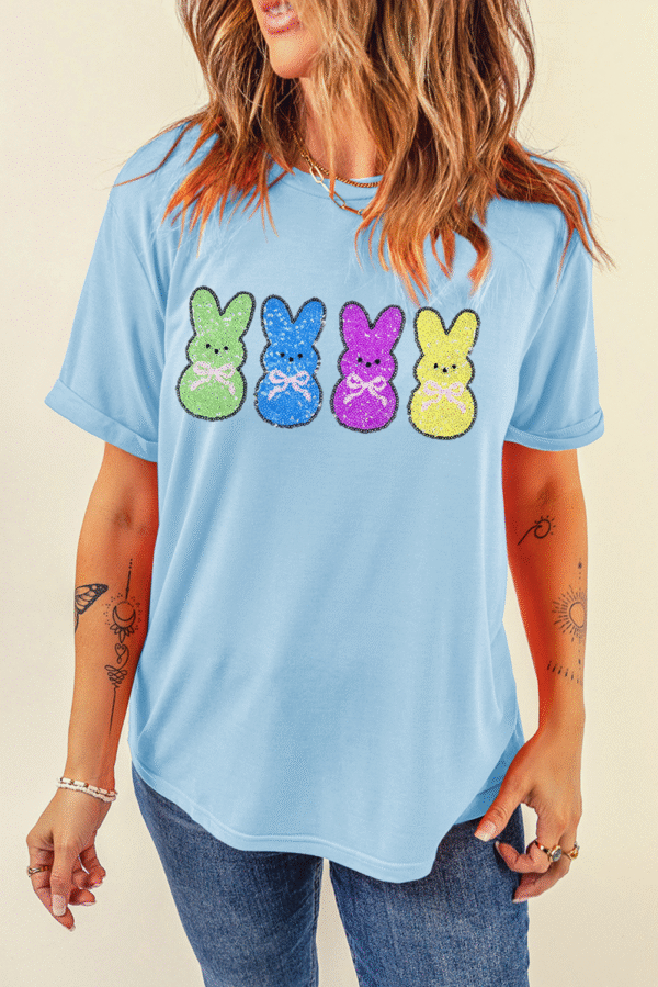 Light Blue Sequin Bunny Doll Graphic Casual T Shirt