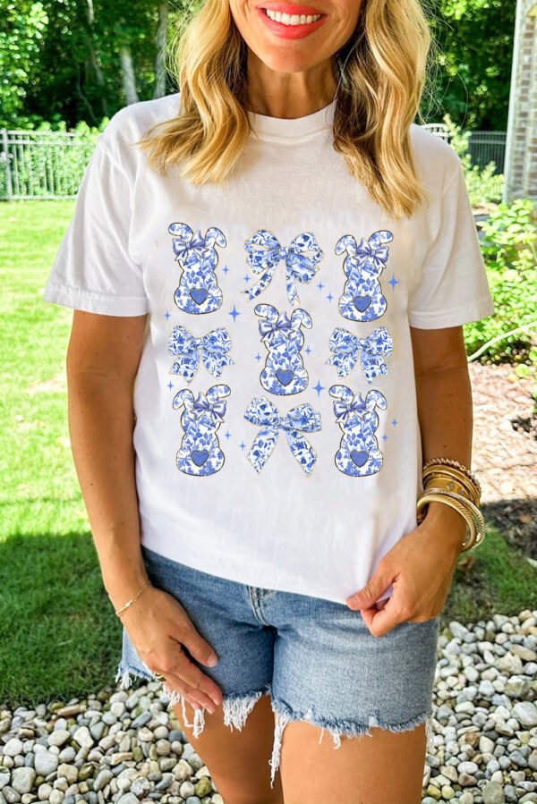 White Bowknot Bunny Graphic Easter Fashion T Shirt