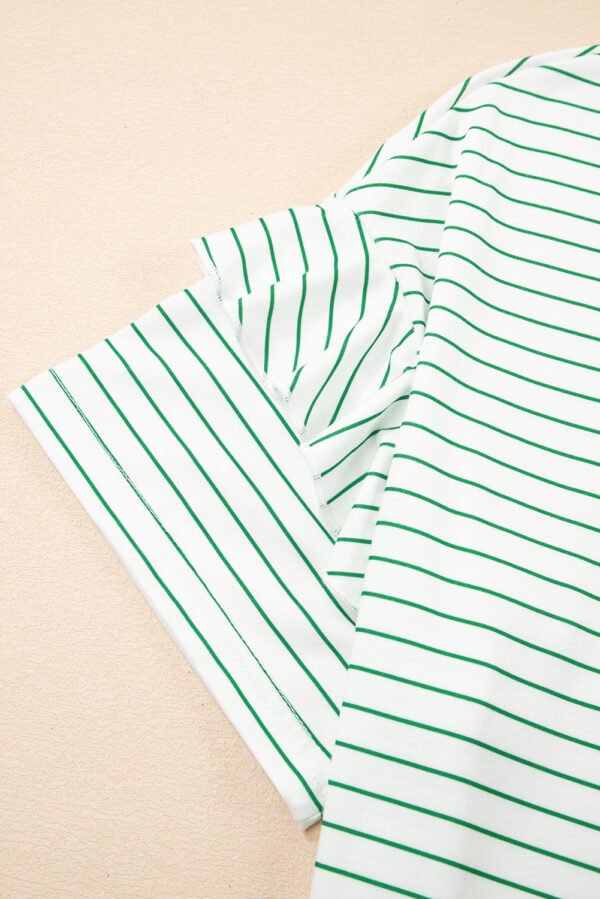Green Stripe Ruffled Short Sleeve Crew Neck T Shirt Shift Mini Dress