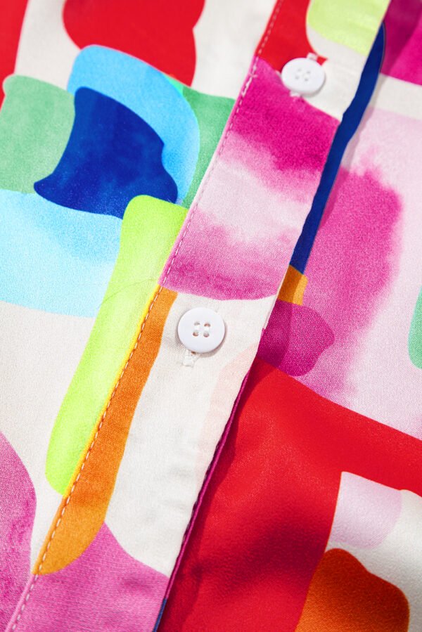 Colorful Brush Stroke Printed Plus Size Button Split Neck Blouse