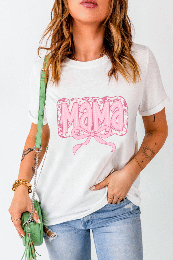 White MaMa Bowknot Graphic Crewneck Mothers Day T Shirt