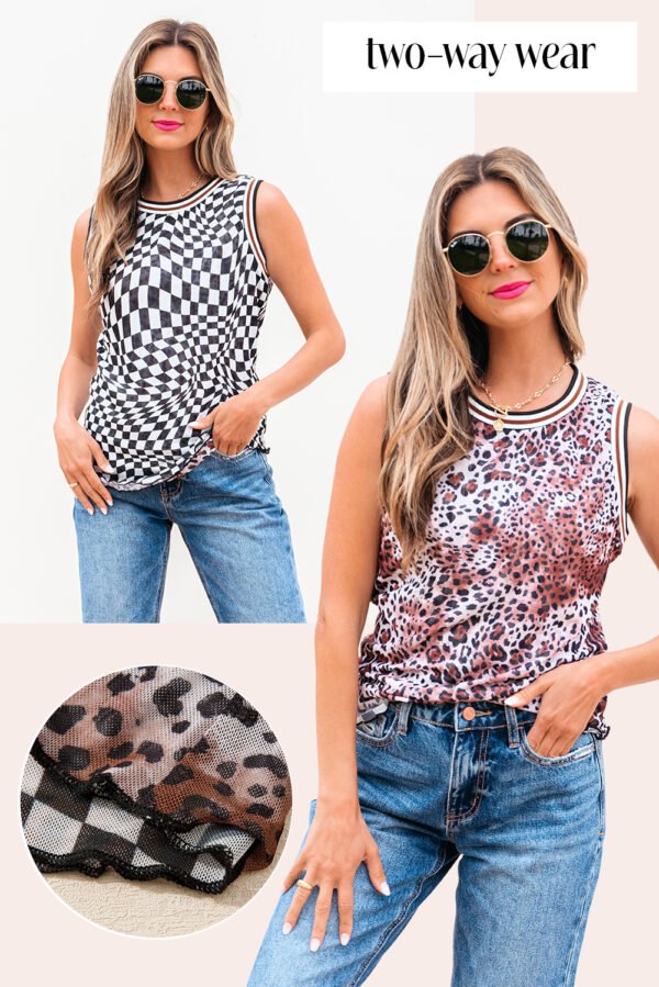 Multicolour Cheetah Checkered Dual Print Reversible Round Neck Mesh Tank Top