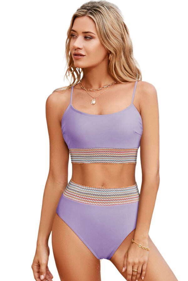 Orchid Petal Striped Patchwork Spaghetti Strap High Waist Bikini Swimsuit