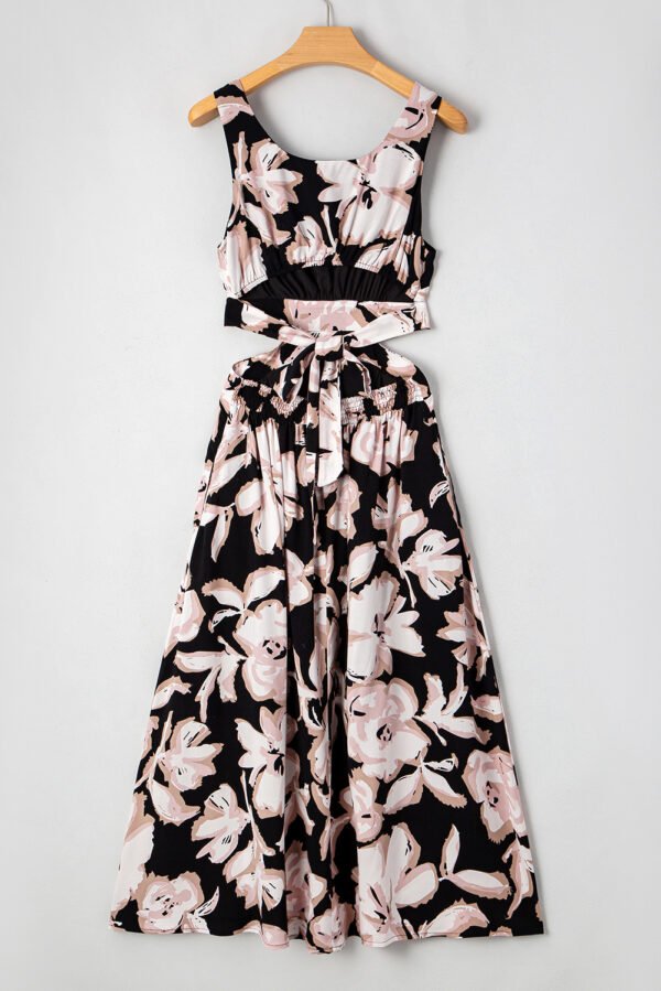 Black Floral Cutout Square Neck Knot Back Sleeveless Maxi Dress