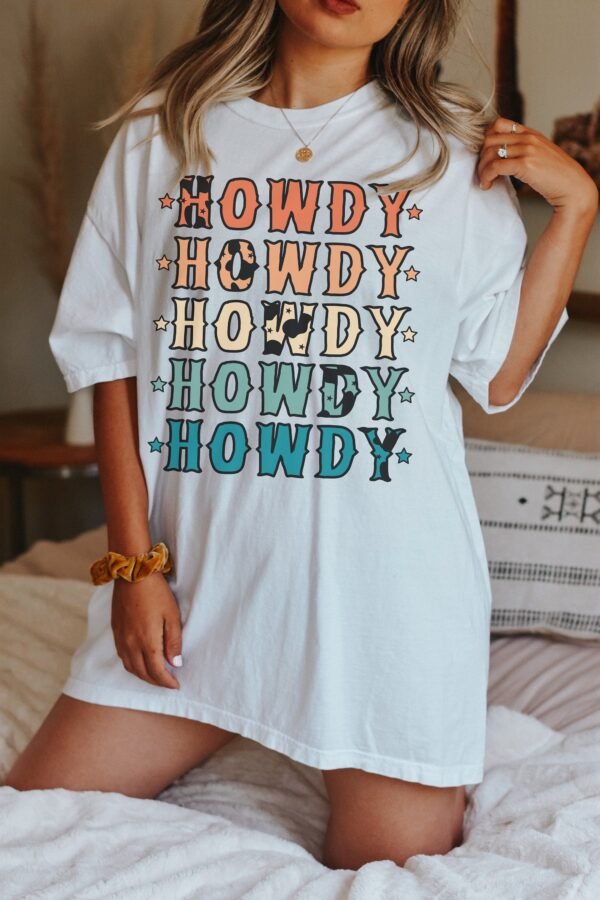 White HOWDY Stars Print Crew Neck Loose Fit T Shirt