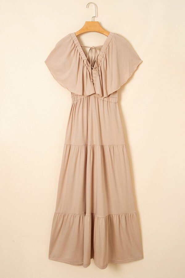 Parchment Textured V Neck Flutter Sleeve Ruffled Maxi Dress