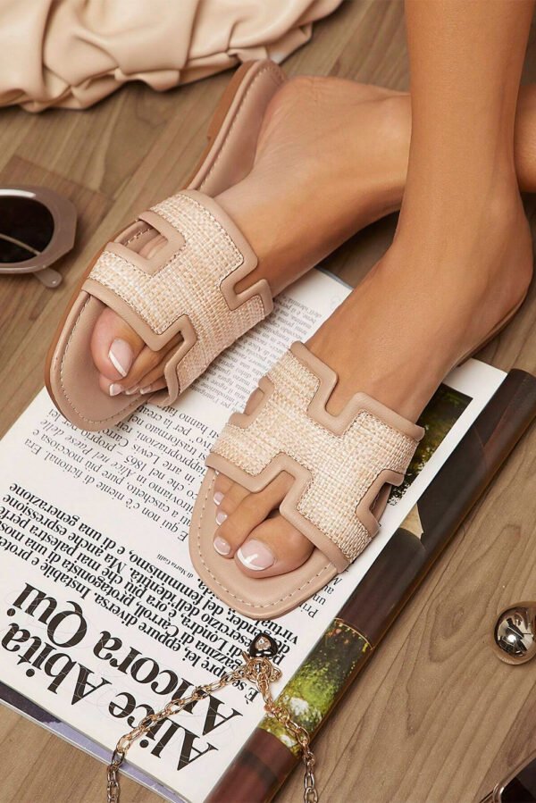 White Faux Raffia Detail Hollowed Open Toe Slippers