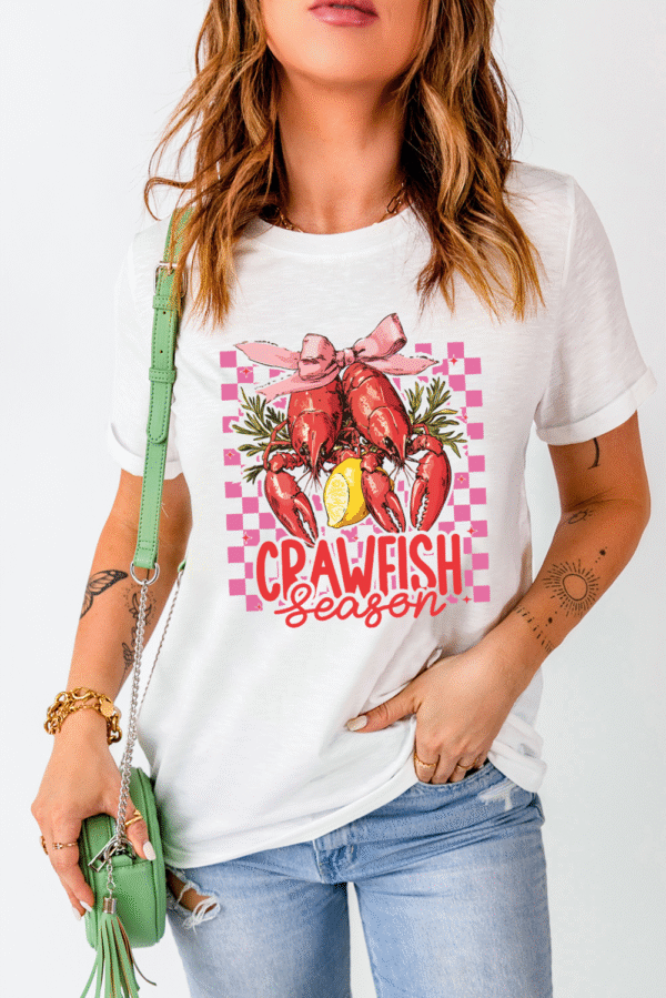 White Checkerboard Bow Crawfish Season Printed Crewneck T Shirt