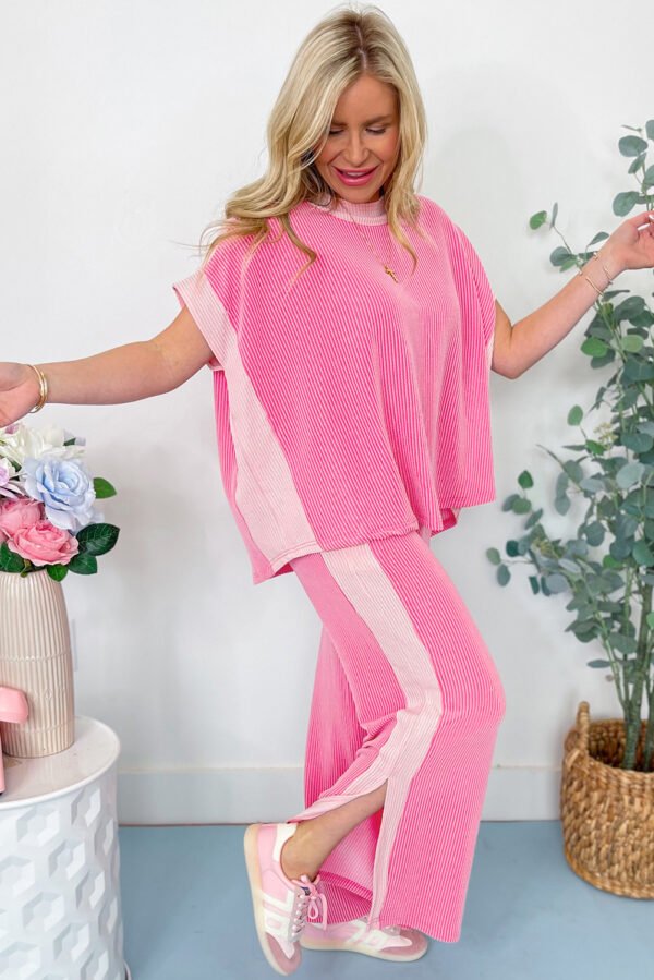 Sachet Pink 2-tone Colorblock Patchwork Corded 2pcs Outfit