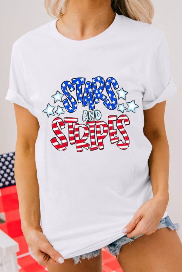 White Stars and Stripes Round Neck Graphic T Shirt