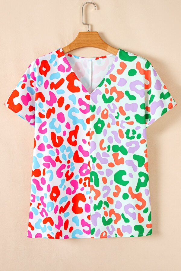 Green Contrast Leopard Print V Neck Short Sleeve Blouse