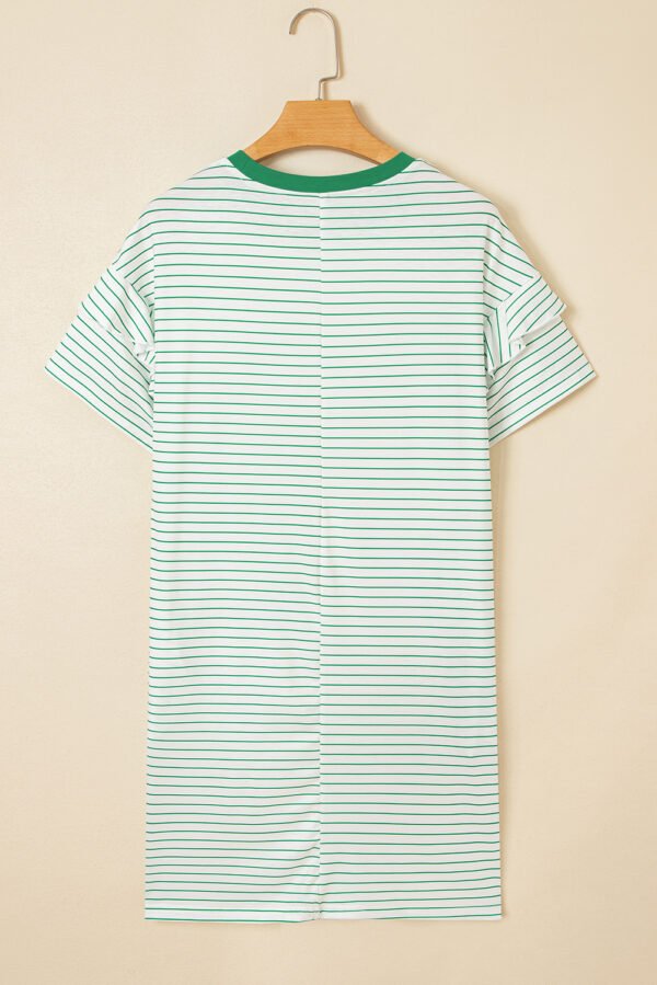 Green Stripe Ruffled Short Sleeve Crew Neck T Shirt Shift Mini Dress