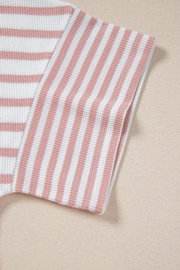 Pink Stripe Waffle Knit Pocketed Half Sleeve Plus Size T Shirt