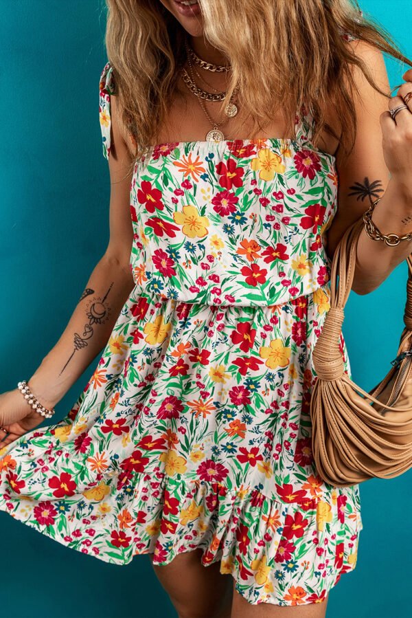 Red Floral Knotted Straps Cinched Waist Ruffle Hem Mini Dress