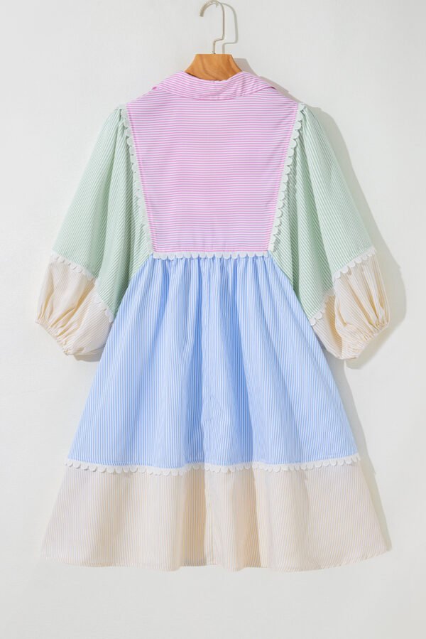 Multicolour Striped Patchwork Ric Rac Puff Sleeve Collared Mini Dress