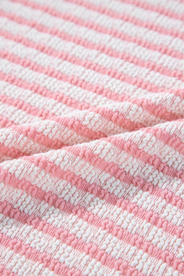 Pink Stripe Textured Puff Sleeve Crewneck Top