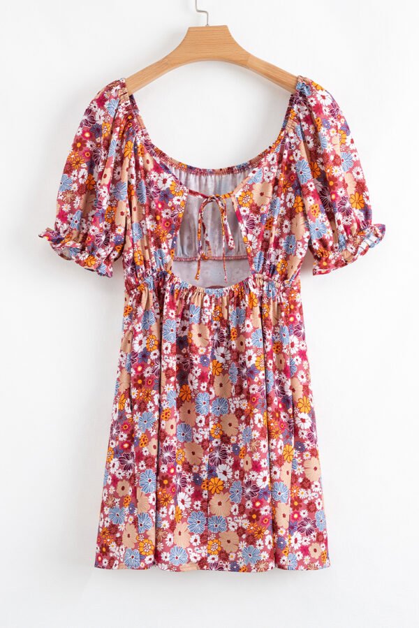 Red Floral Puff Sleeve Square Neck Knot Open Back Mini Dress