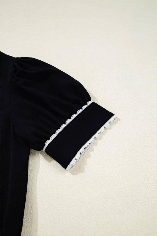 Black Contrast Scallop Trim Bow Detail Half Sleeve Shift Dress