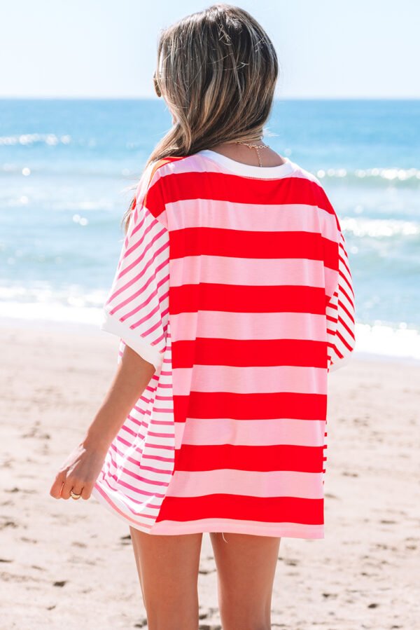 Pink Stripe Patchwork Round Neck Side Split Loose T Shirt