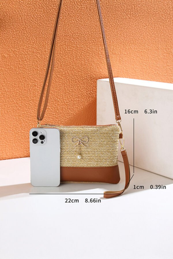 Beige Bow Pearl Decor Straw PU Leather Patched Crossbody Bag