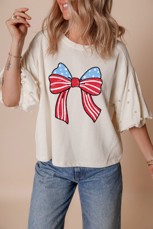 White Stars Stripes Bowknot Graphic Pearled Puff Half Sleeve T Shirt
