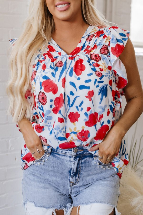 Red Flowers Pintuck Detail V-Neck Ruffled Sleeve Top