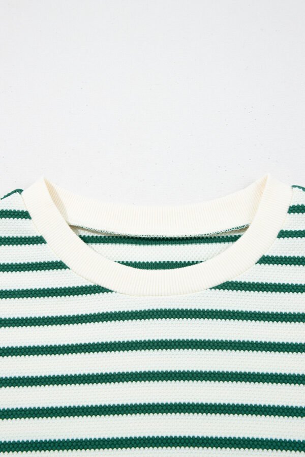 Green Stripe Scallop Lace Trim Ruffle Short Sleeves Crewneck Top