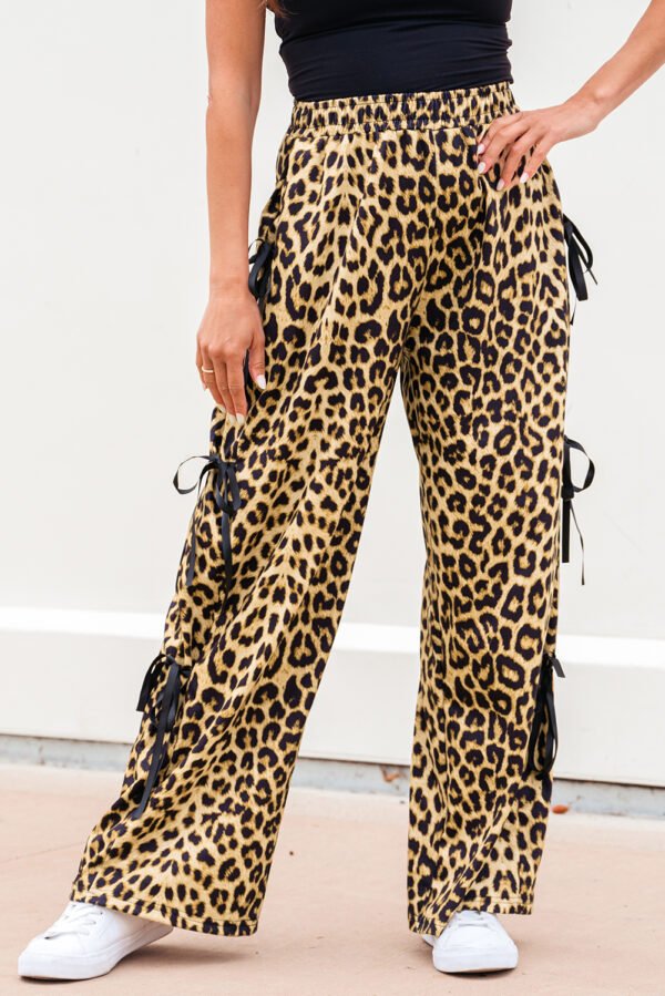 Brown Leopard Print Bow Tie Drawstring Elastic Waist Loose High Waist Pants