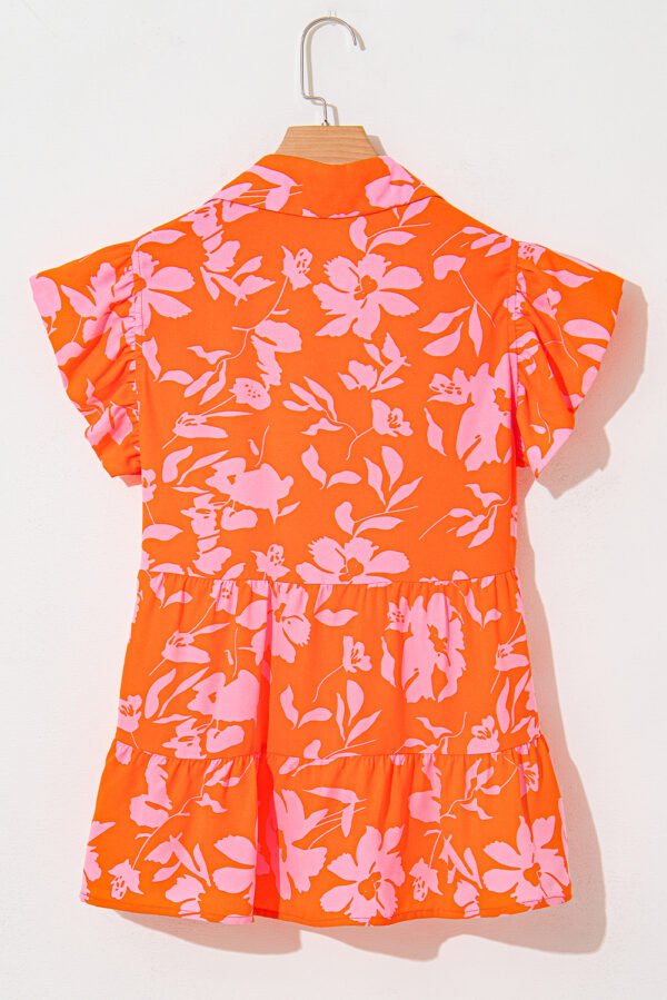 Orange Floral Print Collared Button Neckline Flutter Sleeve Blouse